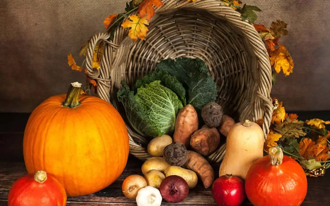 A cornucopia filled with produce